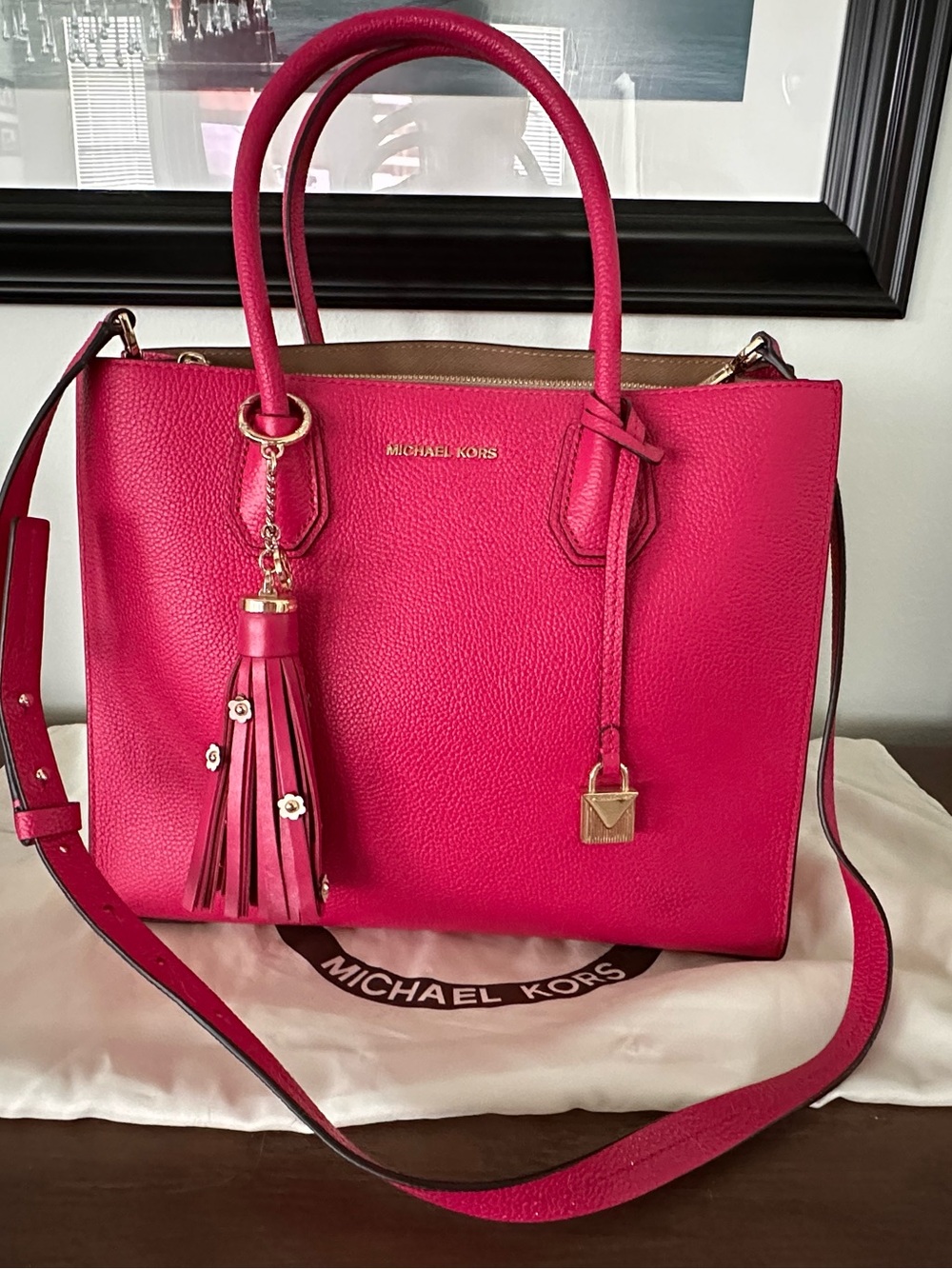 EUC Michael Kors Fuchsia Pink Pebbled Leather Tote + MK Tassel Charm & Dust Bag